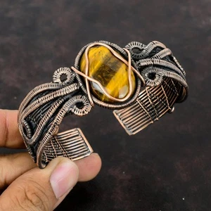 Sisters Day Deal Natural Tiger's Eye Ethnic New Wire Wrapped Cuff Jewelry Copper - Picture 1 of 6