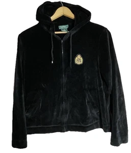 Sudadera con Capucha Vintage Lauren Ralph Lauren LRL Talla Mediana Negra Terciopelo Cremallera Logo Y2K - Imagen 1 de 3