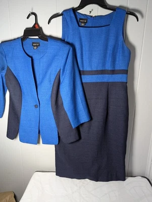 Vestido Traje Geométrico Leslie Fay Azul y Azul Marino 2 Piezas Talla 8 Ropa de Trabajo Negocios Foto 1 de 4