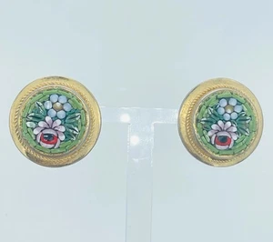 Micro Mosaik Blume Clip Ohrringe Vintage Italienisch Goldfarben Knopf Grün - Bild 1 von 10