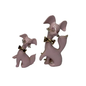 Vintage Mid Century Thames Pink Ceramic Spaghetti Trim Dog & Pup Figures See Des - Picture 1 of 9