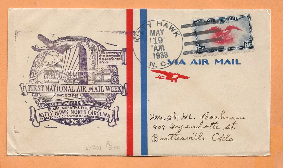C23 FIRST FLIGHT KITTY HAWK N.C TO DAYTON OH MAY 19,1938 AIR MAIL WEEK - Image 1 of 1