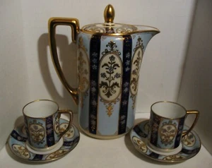 Hand Painted Morimura Chocolate Pot w 2 Cups Saucers w 22k Moriage Gold Trim - Picture 1 of 24