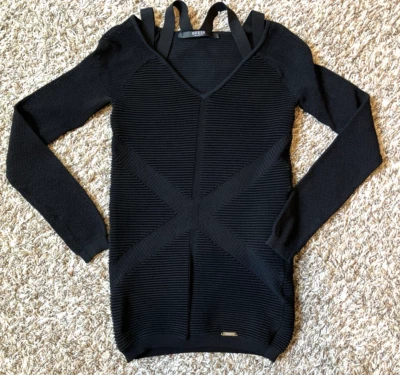 Guess Los Angeles Sweater Womens Small Black Peek-a-Boo V Neck Strappy Pullover - Image 1 of 4