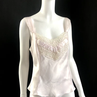 Pink Camisole Size 12 Soft Pale Satin Lace Trim Fitted Romantic Vintage Style - Image 1 of 4