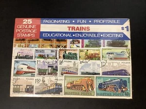 25 GENUINE POSTAGE TRAINS STAMPS-EDUCATIONAL-SEALED PKG - Picture 1 of 5