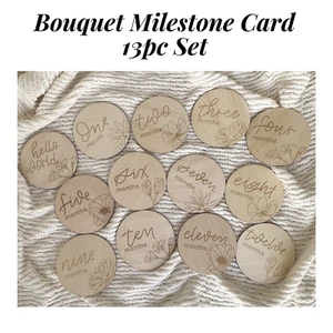 Bouquet Wooden Milestone Card 13/14pc Set Newborn Baby Birth Monthly Age Disc - Picture 1 of 26