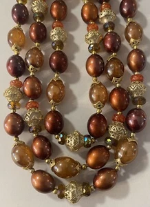 Vintage Signed Hong Kong Three Strand Bead Necklace W/ Coordinating Ear Clips - Picture 1 of 4