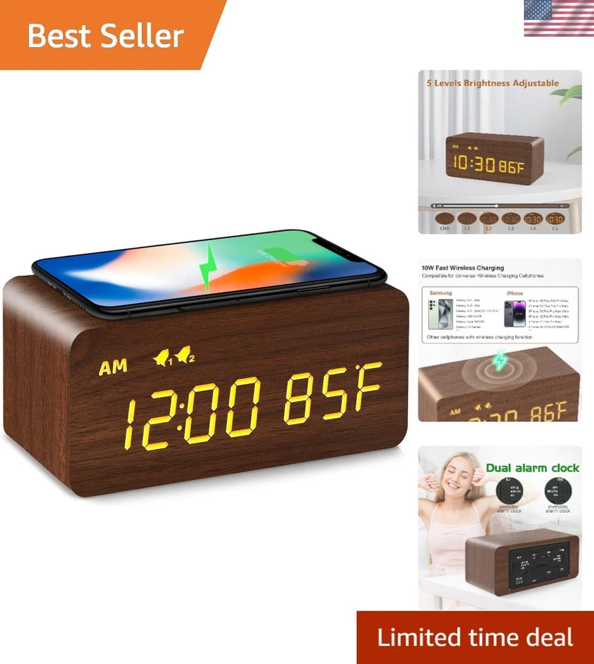Reloj despertador digital de madera con carga inalámbrica, 0-100% atenuador, alarma doble,... Foto 1 de 4