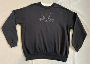 Vintage Black Cat Sweatshirt Top Stitch Crew Neck Pullover Bedazzled - Picture 1 of 16