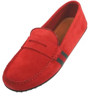 NEW GUCCI RED SUEDE LEATHER WEB DETAIL MOCCASIN LOAFERS SHOES 7/US 7.5 - Picture 1 of 8