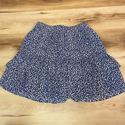 J Crew Navy Floral Tiered Ruffle Mini Skirt XXS Elastic Waist Pull On - Image 1 of 4