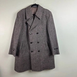 Vintage Mens 46R Wool Overcoat Houndstooth Double Breasted Czechoslovakia Formal - Picture 1 of 18