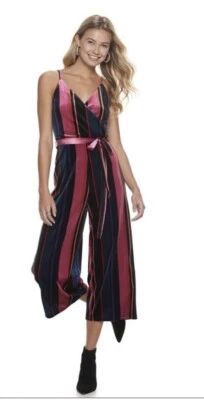 Mono Juniors XL Terciopelo Recortado Pierna Ancha Mameluco Rayas Sin Mangas Cinturón Foto 1 de 4