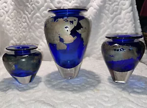 3 Vases GLASS ART Blue Clear SIGNED E. Ramon ORIGINAL Gold Paint Cobalt RARE VTG - Picture 1 of 24