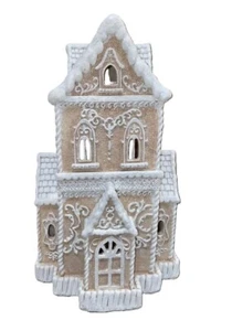 Casa de pueblo de pan de jengibre iluminada victoriana beige neutro de Navidad 14" NUEVO - Imagen 1 de 5