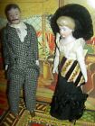 Lovely 6" German antique bisque head female dollhouse doll w/fine costume & hat