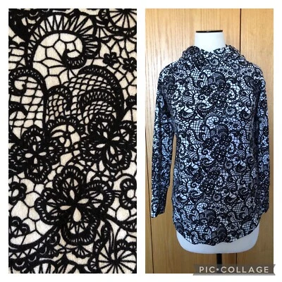 LULAROE Amber Lace Paisley Print Knit Black White Unicorn Pullover Hoodie XS NEW - Image 1 of 4