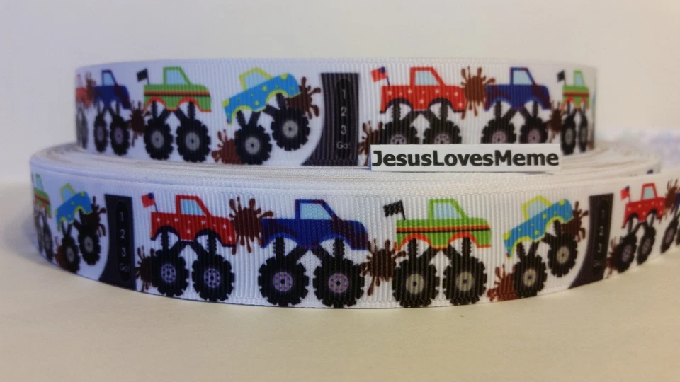 Grosgrain Ribbon, Monster Trucks with Mud Splats Jacked Up Trucks, 7/8" Wide - Image 1 of 1