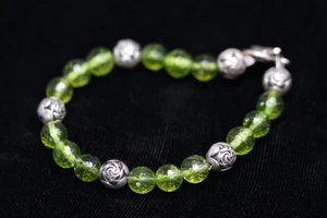 Peridot Faceted 8mm Ball Natural Green Gemstone Bracelet Rose Spacers 7 1/2" - Picture 1 of 3