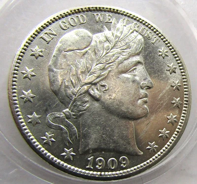 Medio dólar de peluquero P 1909 brillante AU casi sin circular, bonito atractivo visual Foto 1 de 4