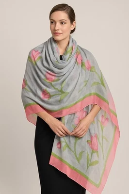 Vintage Sheer Silk Scarf Stole Boho Hand Painted Batik Craft Artsy Indie 74x46" - Image 1 of 4