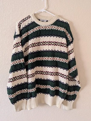 Van Heusen 417 Men's Vintage Knit Argyle Sweater Cream Green Men’s Medium - Image 1 of 4