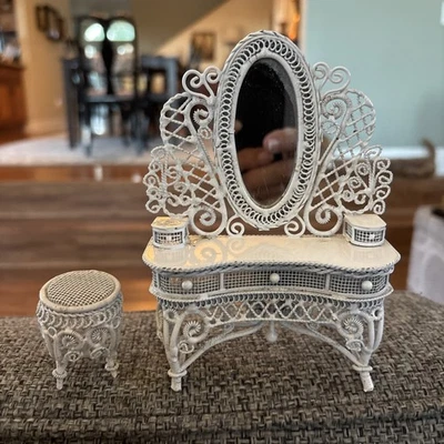 Vtg Dollhouse Metal Wicker Look Vanity / Dressing table set With Stool - Image 1 of 4