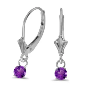 10k White Gold 5mm Round Genuine Amethyst Lever-back Earrings - Picture 1 of 3