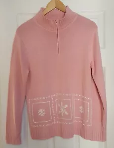 Stitches In Time Sweater Women's S Pink Snowflake 1/4 Zip Mock Embroidered - Picture 1 of 4