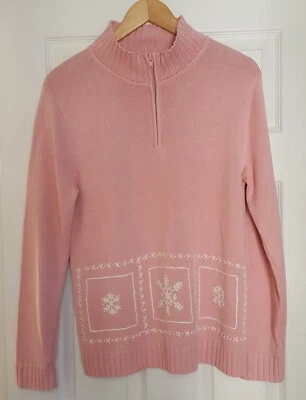 Stitches In Time Sweater Women's S Pink Snowflake 1/4 Zip Mock Embroidered - Image 1 of 4