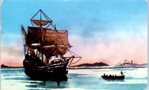 Mayflower Anchored in Plymouth Harbor Art Postcard c1953 - Picture 1 of 2