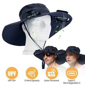 Outdoor Wide Brim Sun Hat w/ 2 Rechargeable Fans Outdoor Solar Powered Fan&Hat - Picture 1 of 28