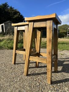 Weathered Solid Oak Chunky Tall Counter Stools, Extremely Heavy Well Made Rustic