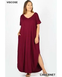 Maxi Vestido Camiseta Keeping It Easy con Ranura Lateral Cuello en V con Doblo Redondo y Bolsillos en - Imagen 1 de 2