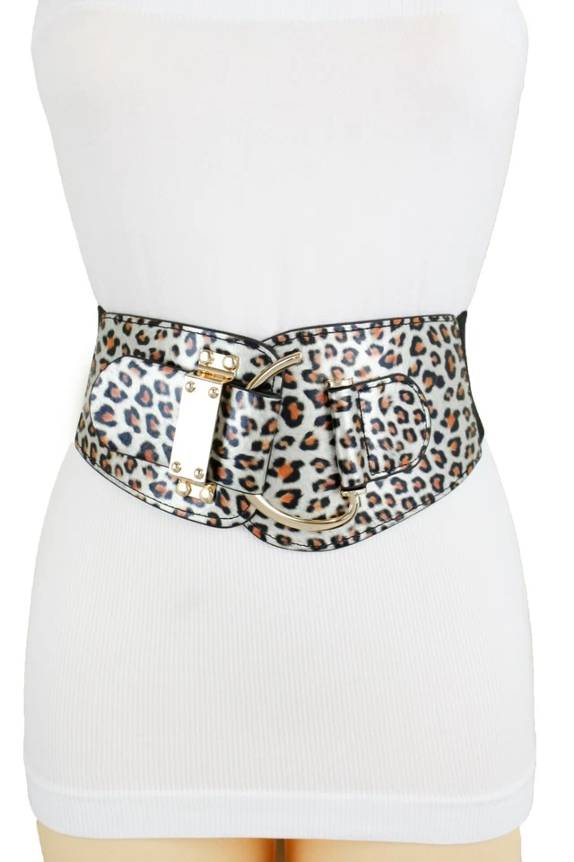 Mujeres Leopardo Animal Estampado Tela Elástica Cadera Cintura Alta Cinturón Gancho Hebilla L XL Foto 1 de 4