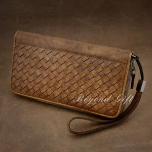 Bolso sin asas hecho a mano tejido de grano completo de cuero de vaca para hombre motociclista punk billetera WA04A - Imagen 1 de 10