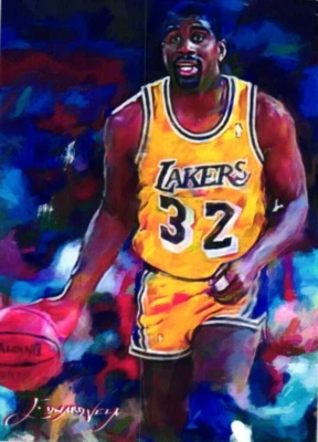 Подлинная подписанная художником карточка Мэджика Джонсона 2018 ограниченный выпуск 28 из 50. - Изображение 1 из 4