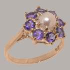Solid 9k Rose Gold Full Pearl & Amethyst Womens Cluster Ring - Sizes J to Z