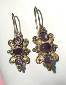 UNIQUE VINTAGE AMETHYST CABACHON GEMS SET IN SILVER WIRE THREADER EARRINGS 925 - Picture 1 of 12