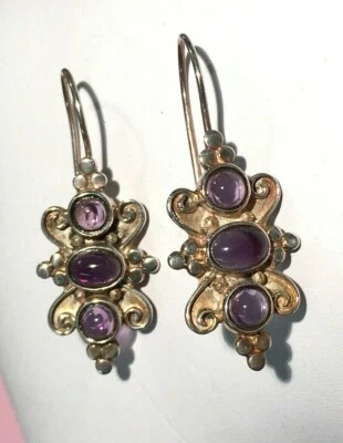 UNIQUE VINTAGE AMETHYST CABACHON GEMS SET IN SILVER WIRE THREADER EARRINGS 925 - Image 1 of 4