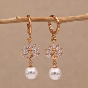 18K Yellow Gold Filled Clear CZ Peacock White Pearl Mini Hoop Dangle Earrings - Picture 1 of 4