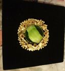 Lovely Gold Tone, Brown Sparkles And Green Stone  Brooch (Broach).        J1chd*