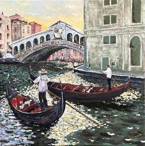 English School - Acrylic/canvas - ‘The Rialto Bridge, Venice’ - Monogrammed SMH - Picture 1 of 21