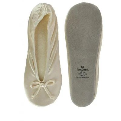 Isotoner атласная балерина с бантом замшевая подошва тапочки кремовый галстук 9,5-10 XL 2 упаковки - Изображение 1 из 2
