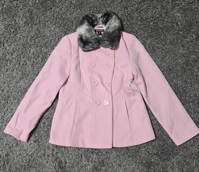 Jaqueta George Girls rosa peito duplo pavão com colarinho de pele sintética tamanho 7/8 M - Imagem 1 de 4