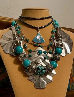 Lote (4) Collar Azul Turquesa Suroeste Tono Plata México Incrustación Piedras Preciosas Foto 1 de 4