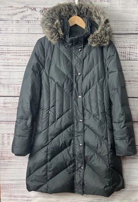 Parka London Fog Down para mujer S longitud completa forrada de piel sintética pistola con capucha gris metal Foto 1 de 4