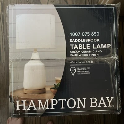 New Hampton Bay Saddlebrook Cream Ceramic and Faux Wood Table Lamp - Image 1 of 4