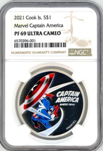 2021 Cook Islands CAPTAIN AMERICA 80th Ann, Marvel 1 Oz Silver Coin 1$ NGC 69 - Picture 1 of 4
